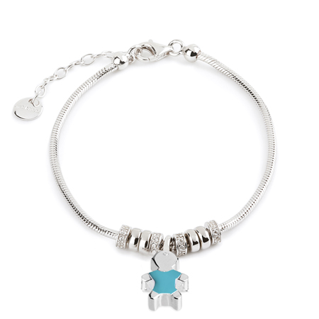 Bracciale, pepite tonde con zirconi e lisce, charm Bambino 3D con smalto azzurro.